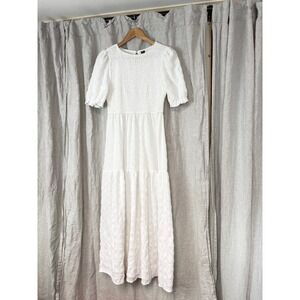 White Smocked Midi Dress Cottagecore Puff Sleeve L | Prairie Milkmaid Dress Summ